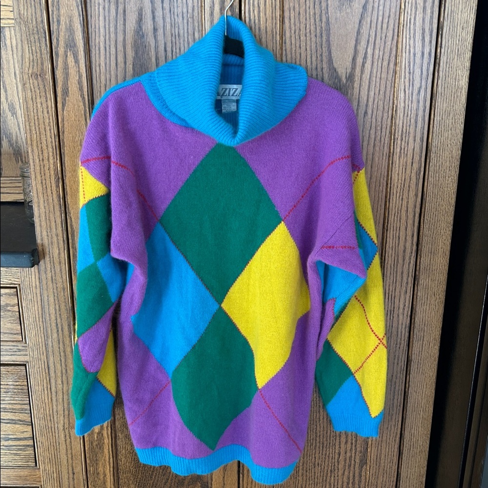 Vintage Aziza Argyle Lambswool Angora Sweater Turtleneck‎ Oversized